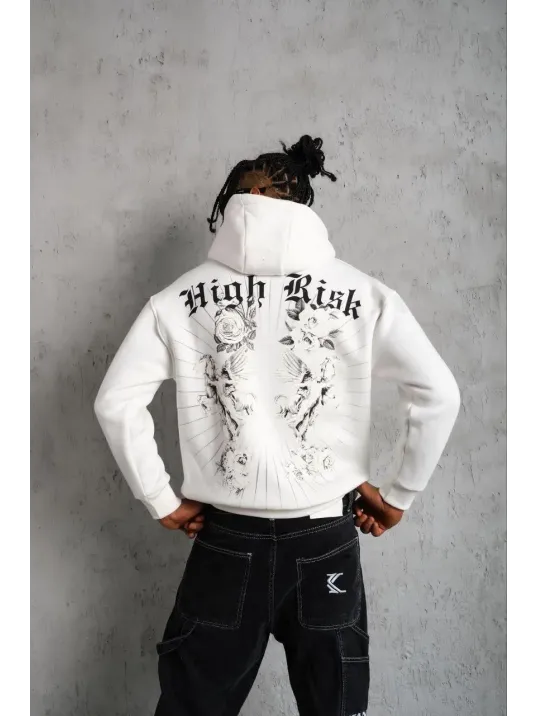 Erkek Baskılı Kapşonlu Sweat - Beyaz