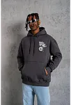 Erkek Baskılı Kapşonlu Sweat - Füme