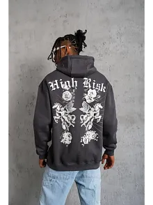Erkek Baskılı Kapşonlu Sweat - Füme