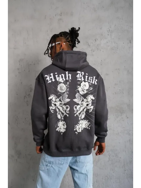 Erkek Baskılı Kapşonlu Sweat - Füme