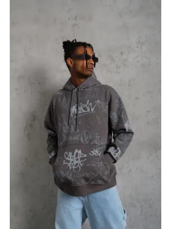 Erkek Baskılı Kapüşonlu Ribanalı Sweat - Gri