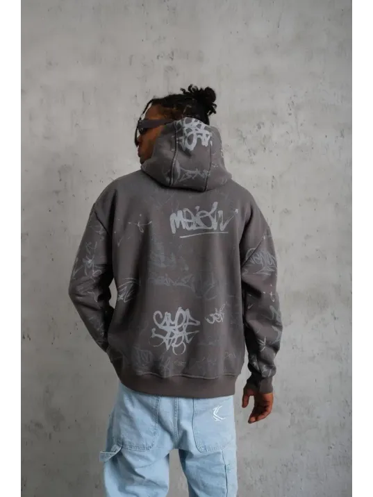 Erkek Baskılı Kapüşonlu Ribanalı Sweat - Gri