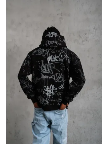 Erkek Baskılı Kapüşonlu Ribanalı Sweat - Siyah