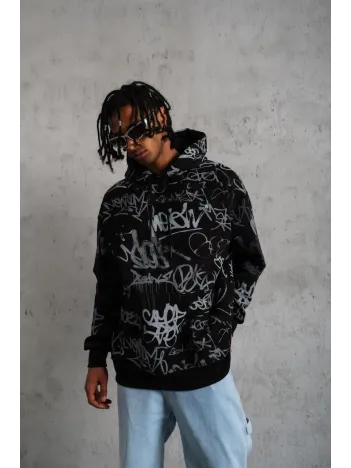 Erkek Baskılı Kapüşonlu Ribanalı Sweat - Siyah