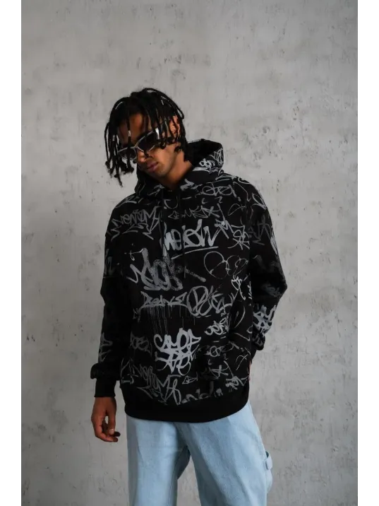 Erkek Baskılı Kapüşonlu Ribanalı Sweat - Siyah