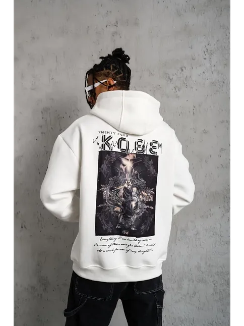 Erkek Baskılı Kapüşonlu Sweat - Beyaz