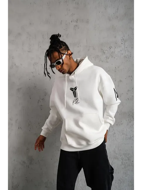 Erkek Baskılı Kapüşonlu Sweat - Beyaz
