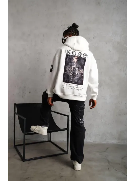 Erkek Baskılı Kapüşonlu Sweat - Beyaz