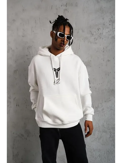 Erkek Baskılı Kapüşonlu Sweat - Beyaz