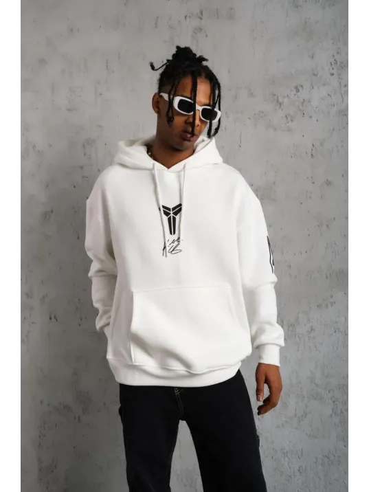 Erkek Baskılı Kapüşonlu Sweat - Beyaz