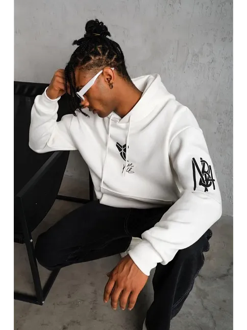 Erkek Baskılı Kapüşonlu Sweat - Beyaz