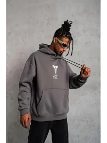 Erkek Baskılı Kapüşonlu Sweat - Gri