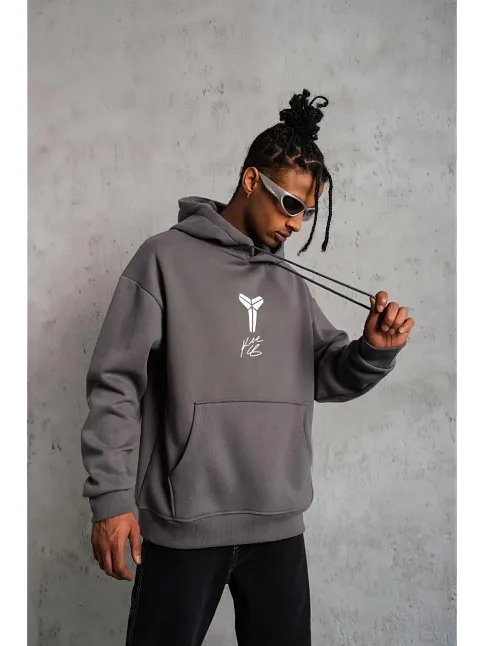 Erkek Baskılı Kapüşonlu Sweat - Gri