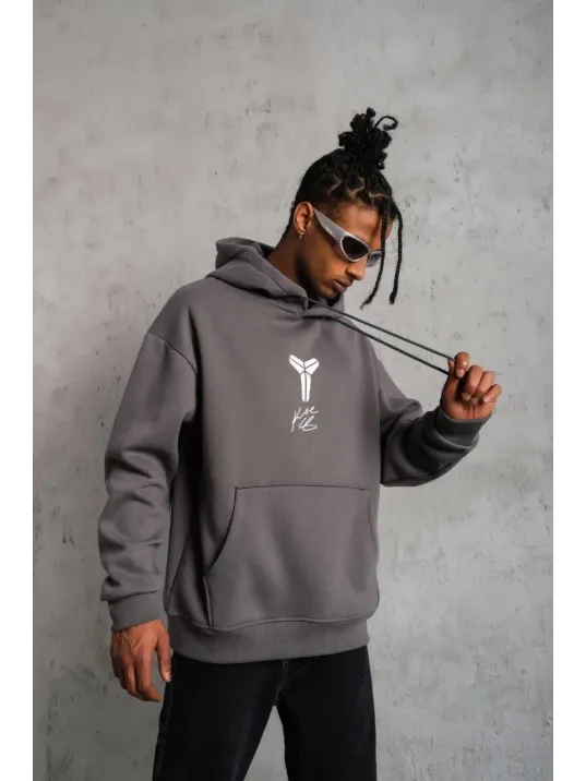 Erkek Baskılı Kapüşonlu Sweat - Gri