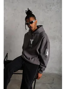 Erkek Baskılı Kapüşonlu Sweat - Gri