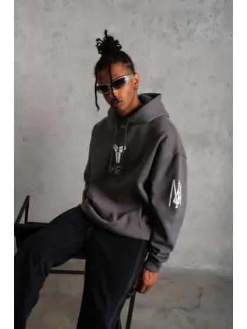 Erkek Baskılı Kapüşonlu Sweat - Gri