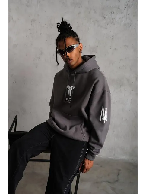 Erkek Baskılı Kapüşonlu Sweat - Gri