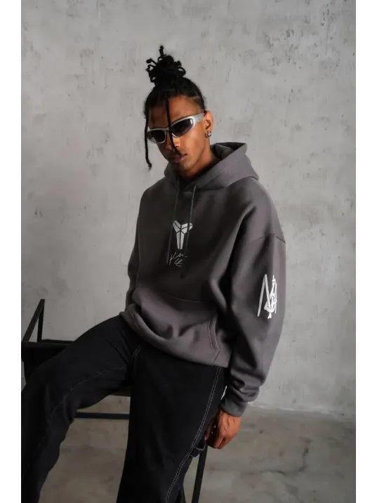 Erkek Baskılı Kapüşonlu Sweat - Gri