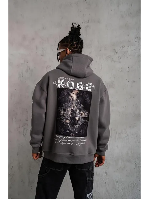 Erkek Baskılı Kapüşonlu Sweat - Gri