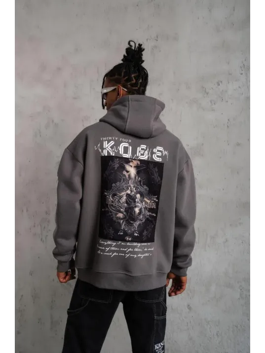 Erkek Baskılı Kapüşonlu Sweat - Gri