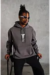 Erkek Baskılı Kapüşonlu Sweat - Gri