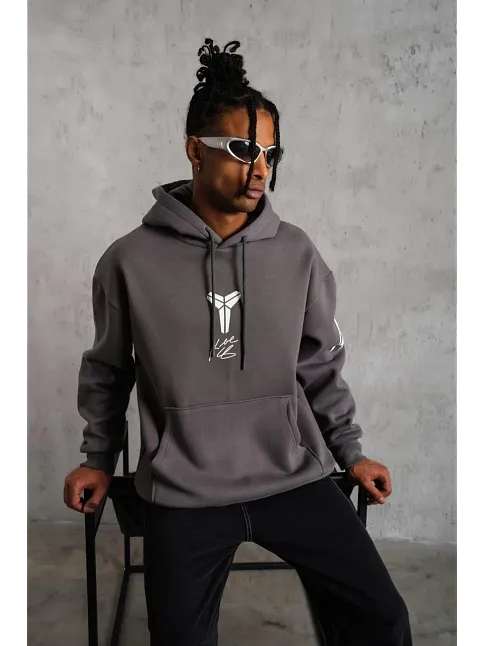 Erkek Baskılı Kapüşonlu Sweat - Gri