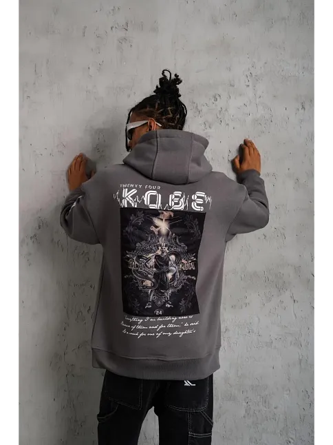 Erkek Baskılı Kapüşonlu Sweat - Gri