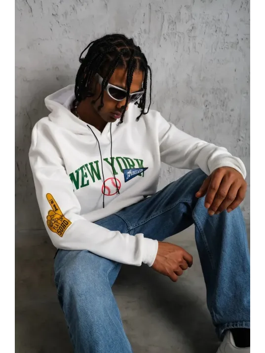 Erkek Baskılı Kapüşonlu Sweatshirt - Beyaz
