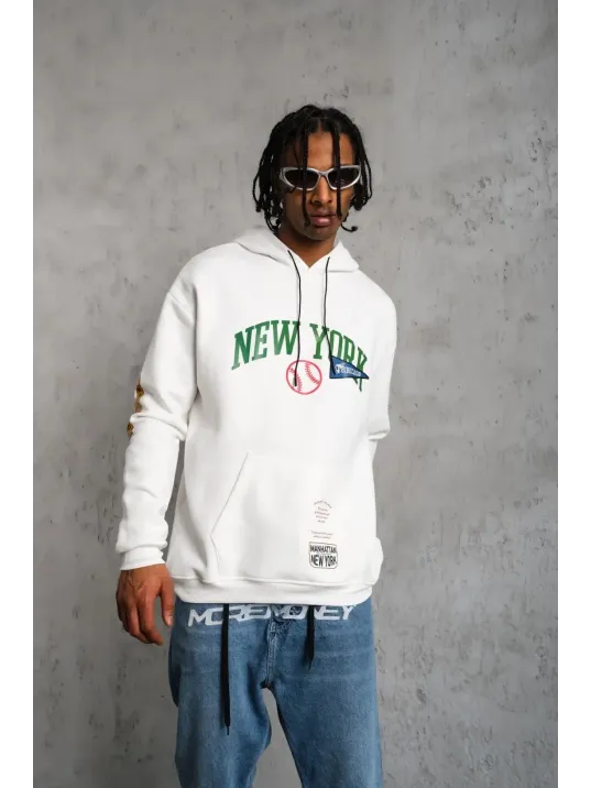Erkek Baskılı Kapüşonlu Sweatshirt - Beyaz