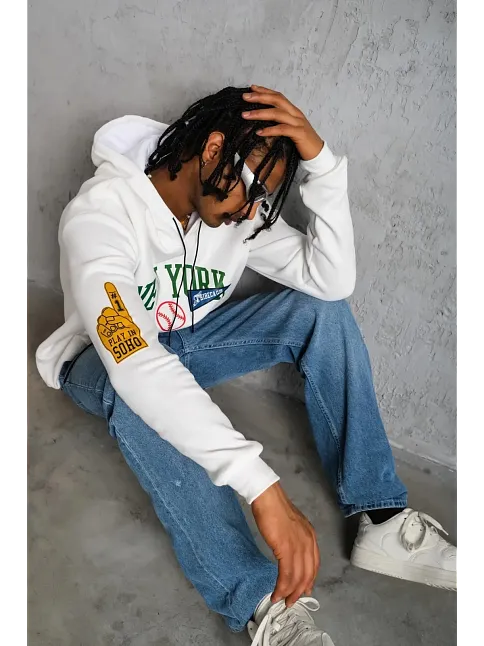 Erkek Baskılı Kapüşonlu Sweatshirt - Beyaz