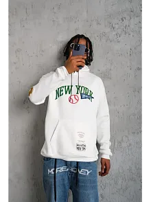Erkek Baskılı Kapüşonlu Sweatshirt - Beyaz