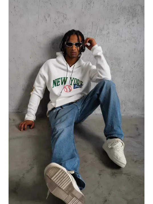 Erkek Baskılı Kapüşonlu Sweatshirt - Beyaz