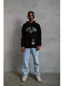 Erkek Baskılı Kapüşonlu Sweatshirt - Siyah