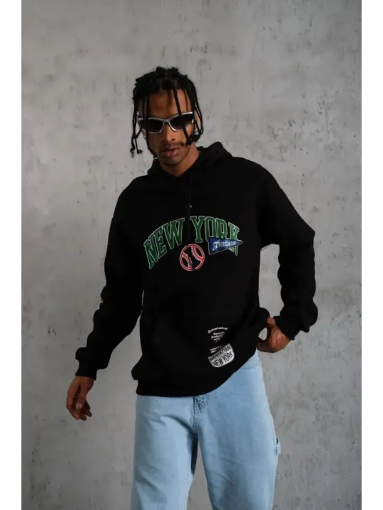 Erkek Baskılı Kapüşonlu Sweatshirt - Siyah