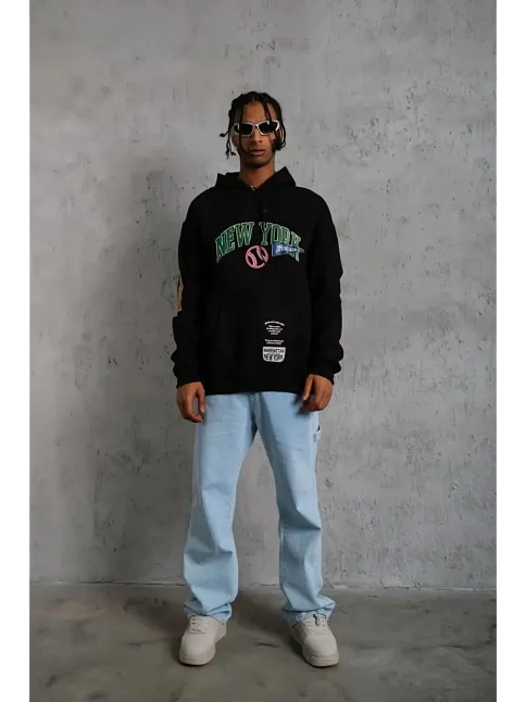 Erkek Baskılı Kapüşonlu Sweatshirt - Siyah