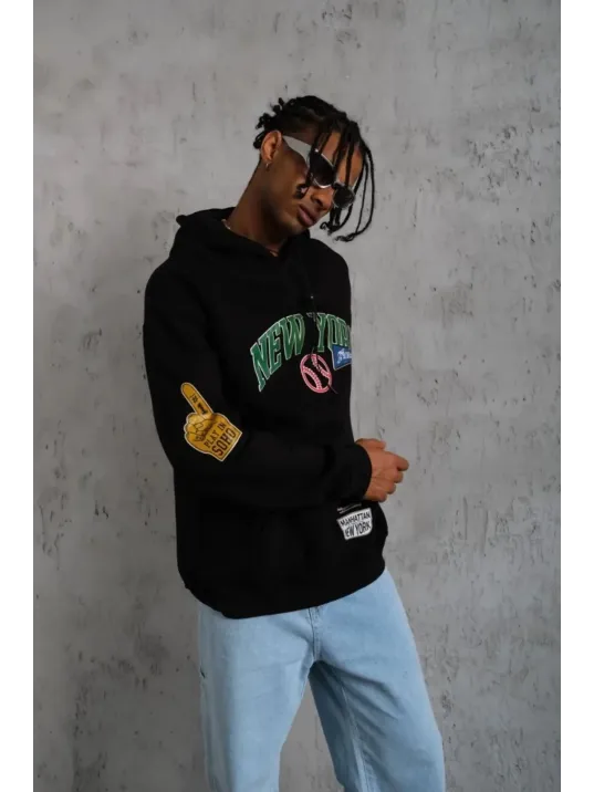 Erkek Baskılı Kapüşonlu Sweatshirt - Siyah
