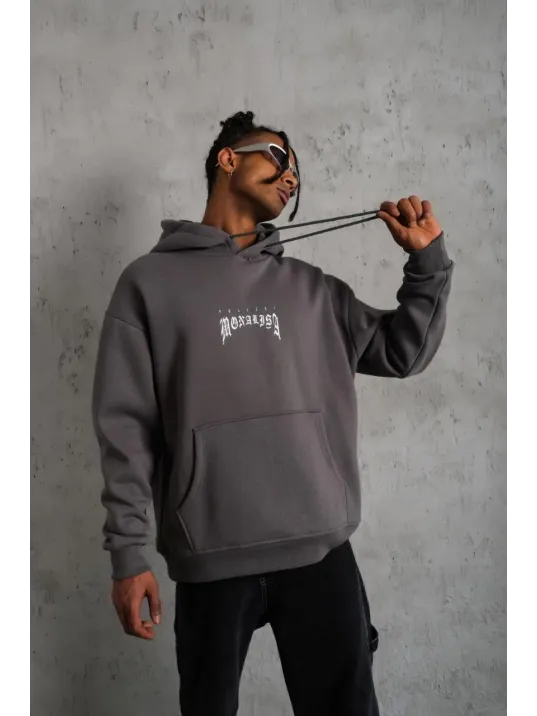 Erkek Baskılı Kapüşonlu Ve Kanguru Cepli Sweat- Gri