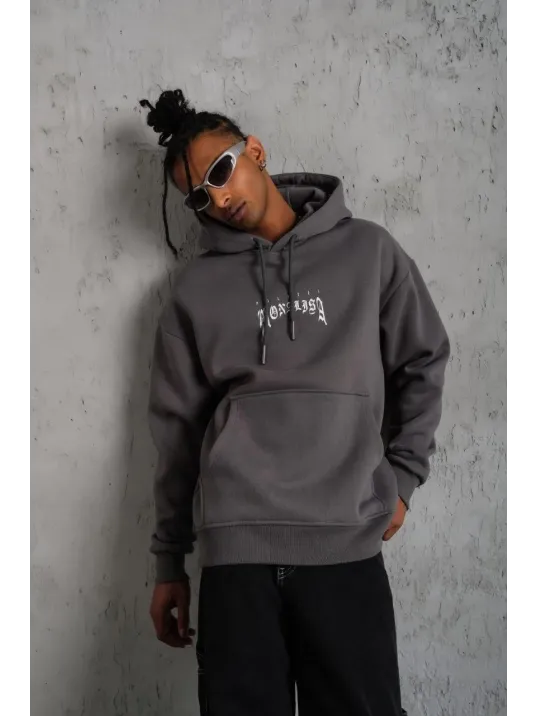Erkek Baskılı Kapüşonlu Ve Kanguru Cepli Sweat- Gri