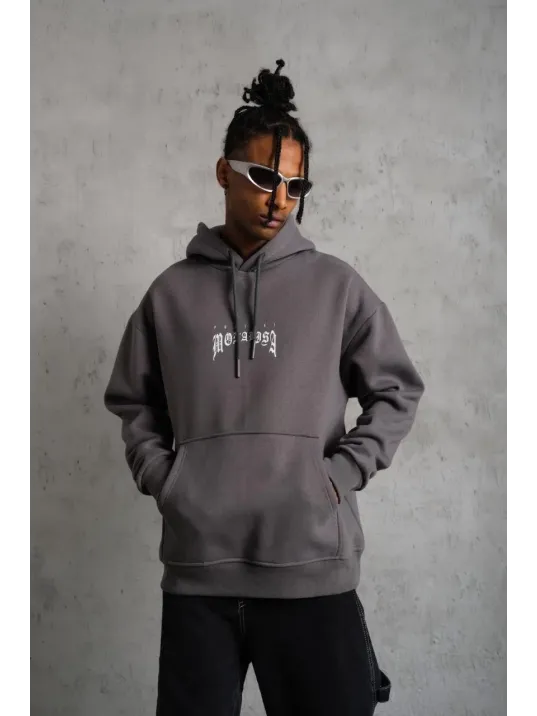 Erkek Baskılı Kapüşonlu Ve Kanguru Cepli Sweat- Gri