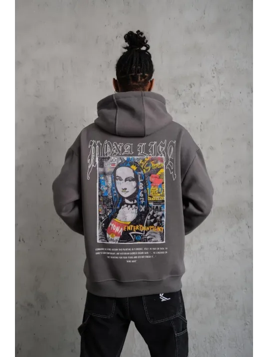 Erkek Baskılı Kapüşonlu Ve Kanguru Cepli Sweat- Gri