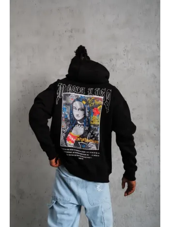 Erkek Baskılı Kapüşonlu ve Kanguru Cepli Sweat - Siyah