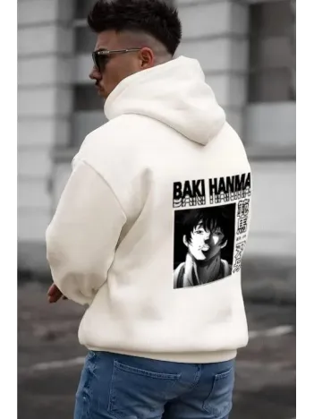 Erkek Baskılı Kapüşonlu ve Kordon İpli Sweat - Beyaz Erkek Baskılı Kapüşonlu ve Kordon İpli Sweat - Beyaz