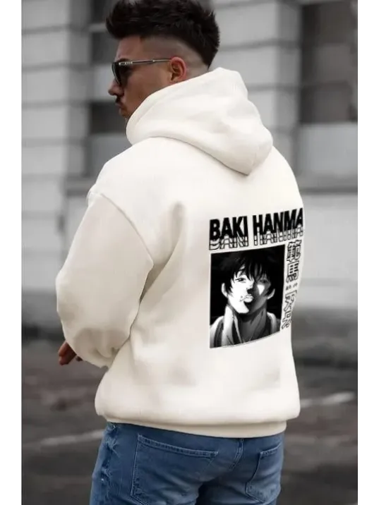 Erkek Baskılı Kapüşonlu ve Kordon İpli Sweat - Beyaz Erkek Baskılı Kapüşonlu ve Kordon İpli Sweat - Beyaz