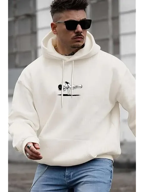 Erkek Baskılı Kapüşonlu Ve Kordon İpli Sweat - Beyaz