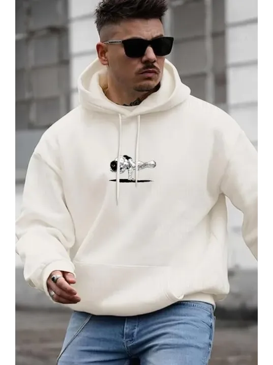 Erkek Baskılı Kapüşonlu ve Kordon İpli Sweat - Beyaz Erkek Baskılı Kapüşonlu ve Kordon İpli Sweat - Beyaz