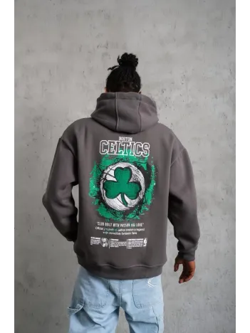 Erkek Baskılı Kapüşonlu Ve Kordon İpli Sweat - Gri