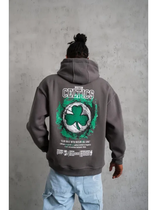 Erkek Baskılı Kapüşonlu Ve Kordon İpli Sweat - Gri