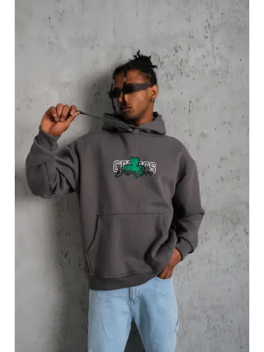 Erkek Baskılı Kapüşonlu Ve Kordon İpli Sweat - Gri