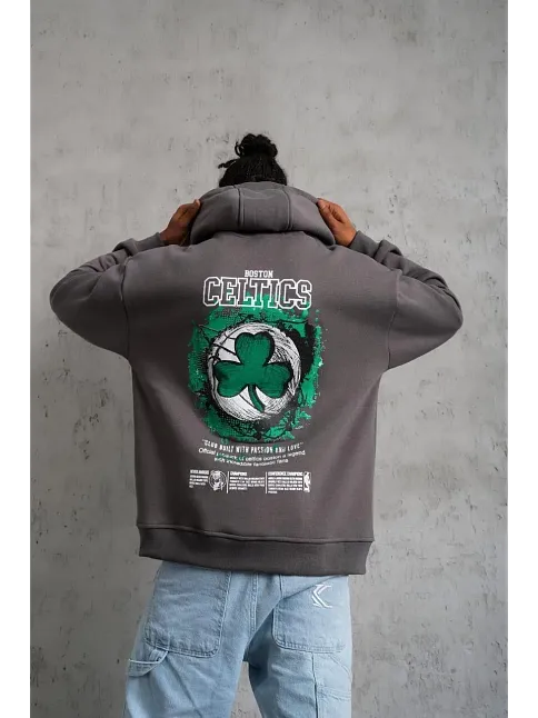 Erkek Baskılı Kapüşonlu Ve Kordon İpli Sweat - Gri