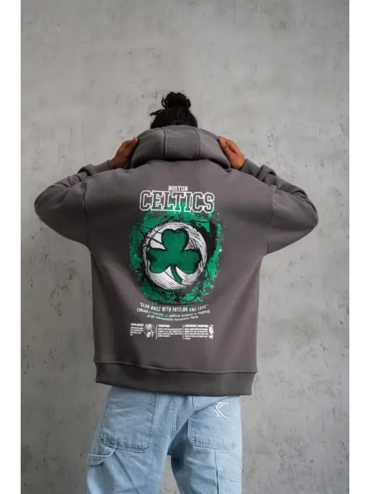 Erkek Baskılı Kapüşonlu Ve Kordon İpli Sweat - Gri